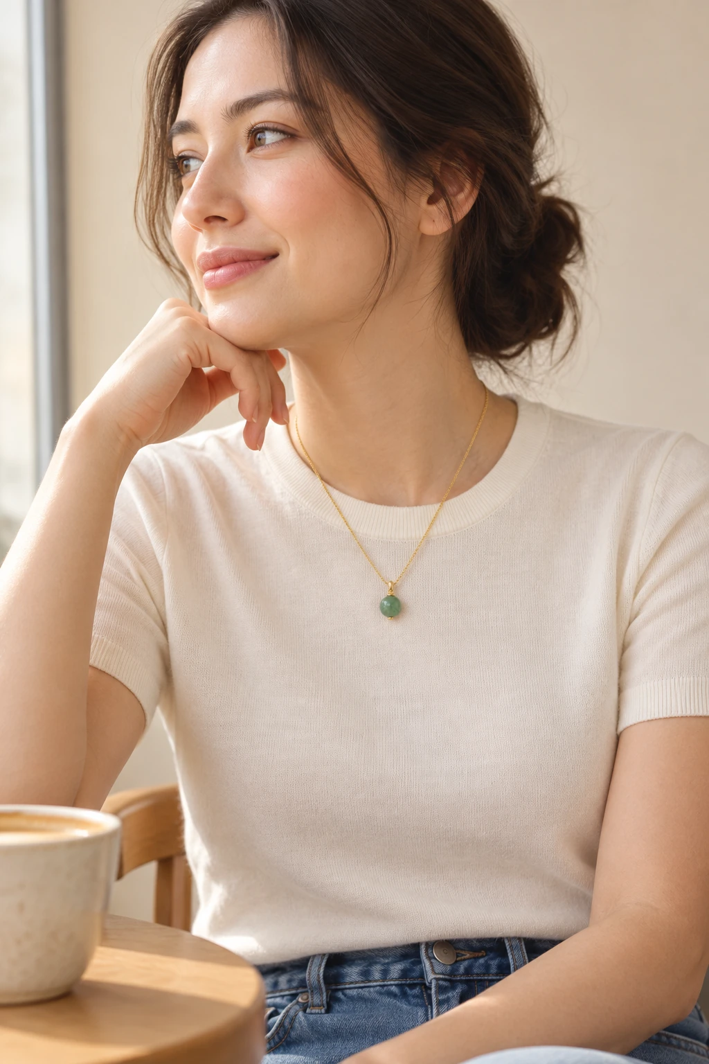 YÙ Glow jadeite bead necklace concept worn with an ivory knit top; AI-generated image
